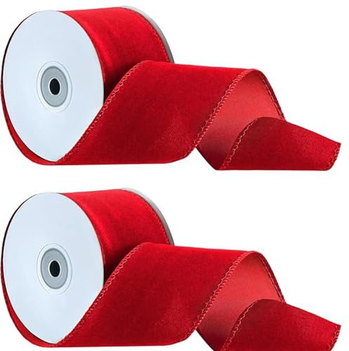 Weihnachten Band, 2 Rollen Samtband Breit, Geschenkband Rot, Satinband Rot Schleifenband Dekoband Für Geschenkverpackung Bastelarbeiten
