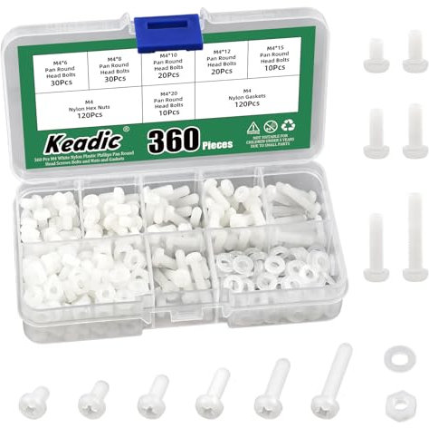 Keadic Lot de 360 vis à tête ronde, en nylon et plastique M4, blanc, en nylon et plastique
