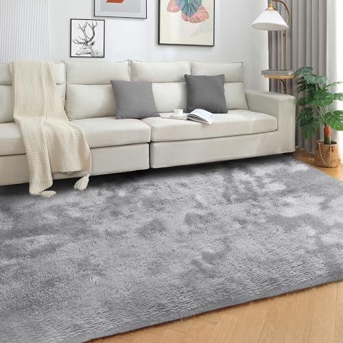 SOANNY Hochflor Wohnzimmer Teppich, Waschbar Anti-Rutsch & Flauschig, Tie-Dye Langflor Teppiche für Schlafzimmer & Kinderzimmer, Bettvorleger Matte, 120 x 180 cm, Hellgrau