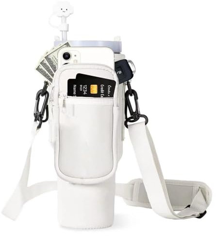 Guyode Pochette pour Bouteille D'eau, Porte Gourde pour Tasse Stanley Cup 40 oz, Sac Stanley Cup Avec Bandoulière Réglable, Sac Isotherme Bouteille Compartiments Zippés, Porte Gourde Sac à Dos (Blanc)