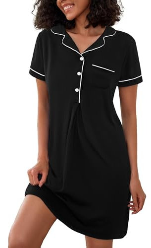 Jahetuul Women's Nightdress Short Sleeve V-Neck Button Down Sleepshirt Soft Nightwear Loose Nightgown Comfortable Sleepwear Nightshirts Black