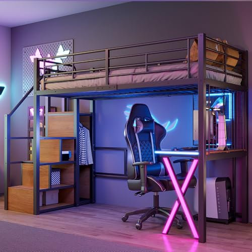 Dolamaní Hochbett 90x200 cm Erwachsene & Jugendliche mit Stauraum Treppe, Schreibtisch und Schrank, Regale, Mettalbett Bettrahmen (Schwarz)