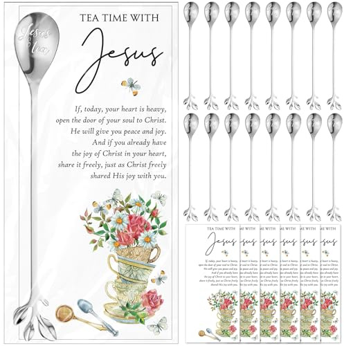 Skybooly 15 Sets christliche Teeparty-Gastgeschenke, Jesus-Teelöffel mit Gebetskarten, 16,5 cm, Kaffeelöffel, Souvenirs für Teeparty, Kirche, Weihnachten, Ostern, Familientreffen