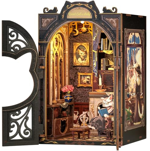 CUTEBEE Premium Bücherregal Diorama Bausatz mit LED-Beleuchtung – Renaissance Buchladen Miniatur aus Massivholz, 3D Puzzle für Erwachsene ab 14 Jahre | (Count Cat’s Study)