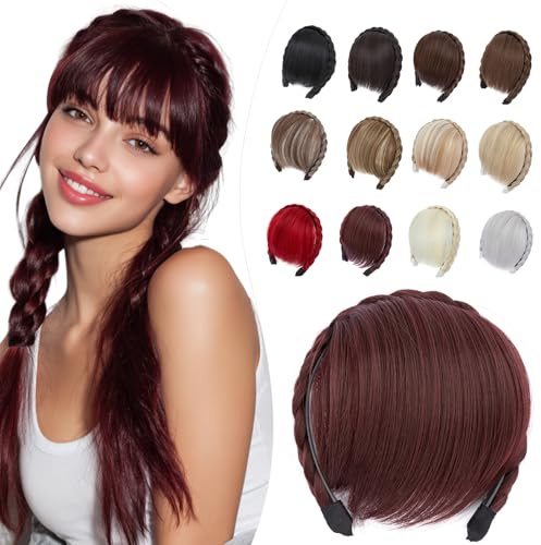 Elailite Flequillo Postizo Pelo Corto Hairband # Vino Tinto, Flequillos Falso Postizos Diadema para Mujer 55g