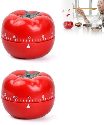 Hinapan Pomodoro - Lot de 2 minuteurs de cuisine mécaniques - 60 minutes - Avec alarme puissante - Minuteur de cuisine - Pour la cuisine, la pâtisserie, l'apprentissage et le sport (tomate)