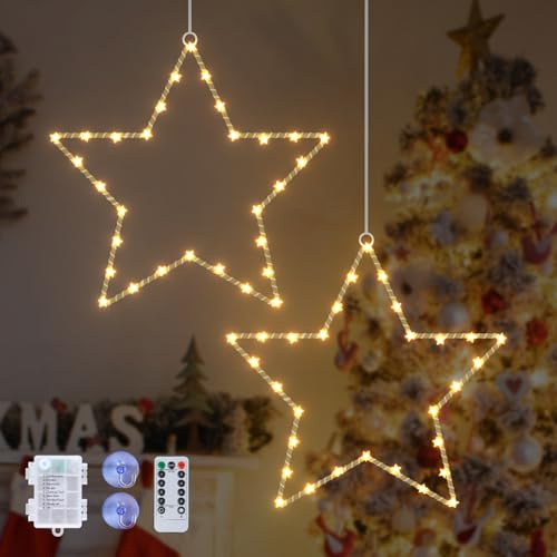 JVURICE 2 Stück Lichtecrkette Sternen Weihnachtsbeleuchteung | 30 LEDs mit Fernbedienung (Helligkeit/Timer/8 Modi) & Saugnäpfe, IP44 Innen Außen für Weihnachte)n, Balkon, Party, Zimmer