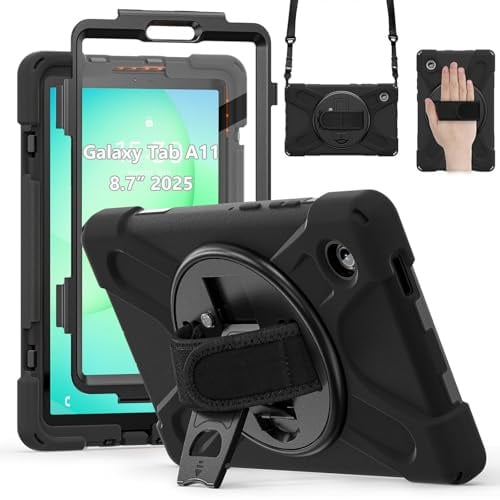 zenrich Coque pour Galaxy Tab A11 (8,7) 2025 avec Protecteur d'écran | Étui de Protection Antichoc Silicone Armure avec 360° Support Rotative, Dragonne, Bandoulière (Noir)