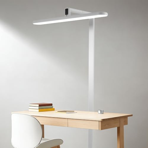 duowelly Ra≥99 Bureau Lumière de Jour,Lampadaire sur Pied Protection des Yeux,UGR≤13 Anti-éblouissement RG0,3800LM 4000K Lumière Naturelle Spectre Complet, Panneau Tactile Mémoire, Aluminium(Blanc)