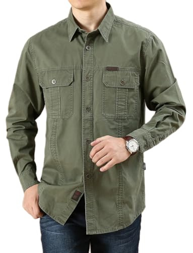 Camisas de Trabajo de Algodón para Hombre, Camisa de Militar de Manga Larga con Botones Ropa Cargo, 2 Bolsillos, Regular Fit para Pesca, Tala, Senderismo, Caza