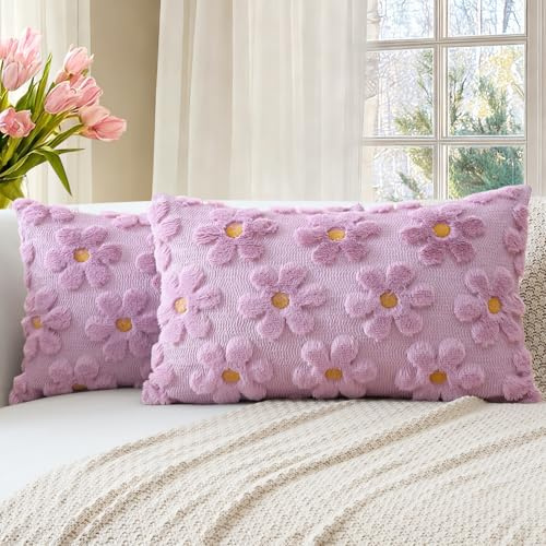Artscope 2er Set Wolle Blumen Kissenbezüge Weicher Plüsch Kurzer Wollsamt Dekokissenbezüge Frühjahr Sommer Kissenhülle Saisonale Sofakissen für Sofa Schlafzimmer Lila, 30x50cm