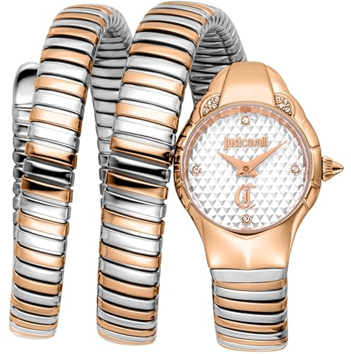 Just Cavalli Signature Snake Amanta - Damen-Armbanduhr Quarz Mode Armband und Edelstahlgehäuse Farbe Gold Analoges Zifferblatt Grau - JC1L393M0055