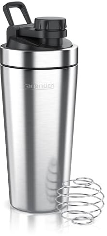 Arendo - Eiweiß Shaker Edelstahl 750ml, Protein Shaker mit Mixkugel, BPA frei, Mixbecher, Metall Premium Eiweißshaker, Tragegriff, Spülmaschinengeeignet, To Go für Yoga Fitness Sport, Silber