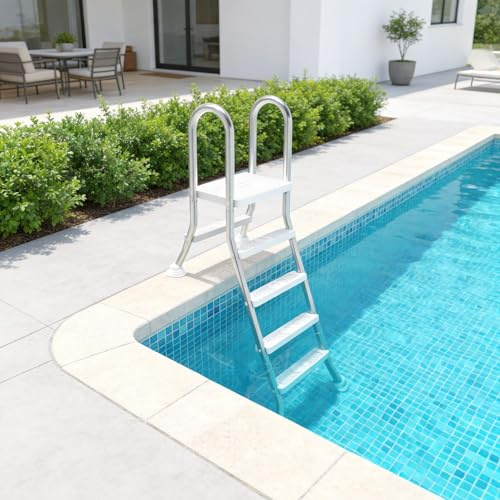 PEILU 4+1 Stufen Edelstahl Poolleitern, Schwimmbad Leiter mit Sicherheitshandlauf, rutschfeste Kunststoff Stufen & Kugelgelenk-Design Standfuß, Stabile Hochbeckenleiter für Pools/Becken bis 135cm