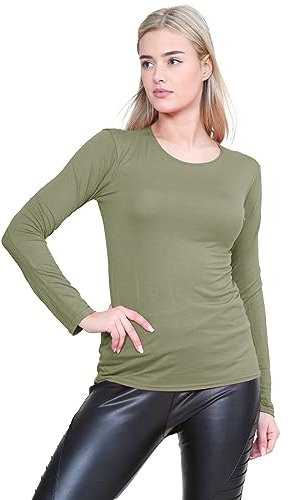 janisramone® Long Sleeve T Shirts Women, Plain Round Neck Breathable Basic Summer Tops for Women UK, Stretchy Slim Fitted Going Out Tops Khaki