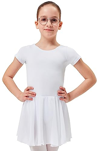 tanzmuster ® Ballettkleid Mädchen Kurzarm - Lucy - Baumwolle - Chiffon Röckchen - weiß, Größe:140/146