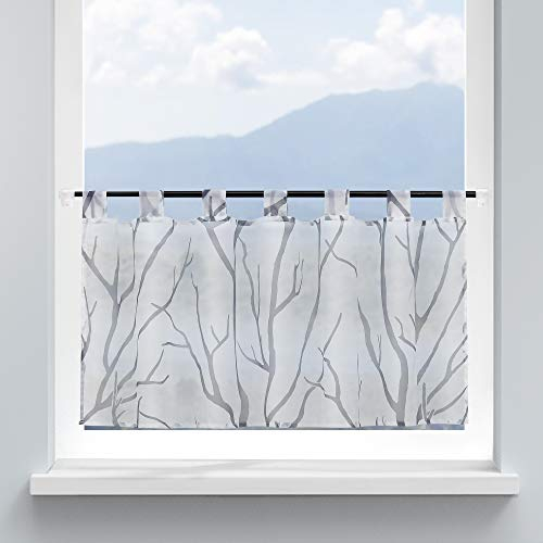 HongYa Scheibengardine Küche Voile Bistrogardine mit Schlaufen Transparente Gardine für Kleinfenster Äste Muster H/B 60/90 cm Weiß Grau