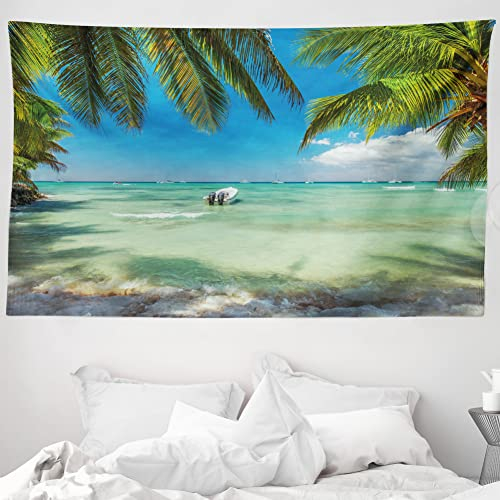 ABAKUHAUS Tropisch Wandteppich, Surreales Meer umgeben von Palmenblättern Scenic Nature Summertime, aus Weiches Mikrofaser Stoff Wand Dekoration Für Schlafzimmer, 230 x 140 cm, Farngrün Türkis