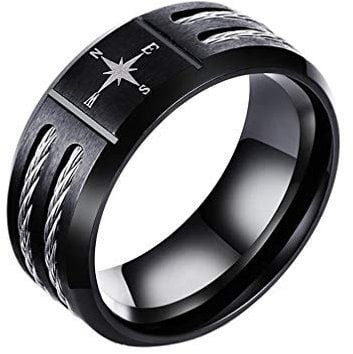 HIJONES Classique 9mm Incrustation Double Wia Placage Noir Étoile Boussole Bague pour Homme en Acier Inoxydable Taille 62