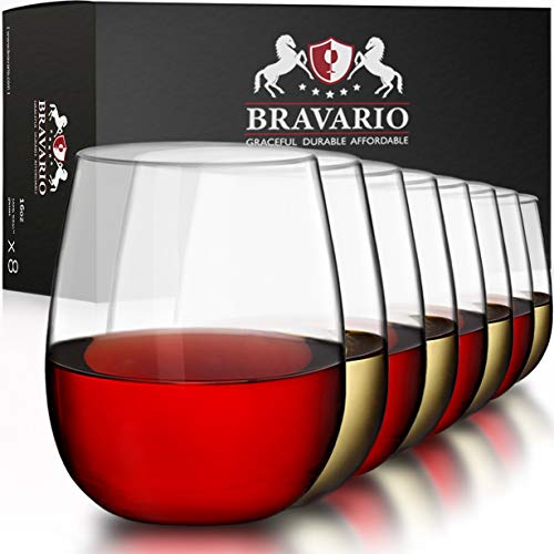 Bravario Lot de 8 verres à vin sans pied en plastique incassables, réutilisables, 100 % plastique Tritan incassables, passent au lave-vaisselle, sans BPA, parfaits pour l'intérieur et l'extérieur,