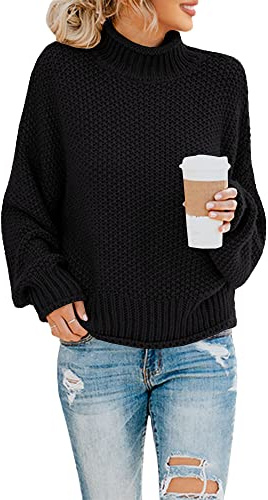 Saodimallsu Polotröja för damer, oversized sweatshirt med långa fladdermusärmar, lös passform och grovstickad, tröja med ledig design, svart, M