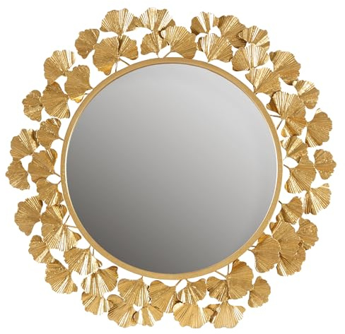 Martha Stewart Wall Décor Large Gingko Leaf Round Wall Mirror for Living Room, Iron Metal Plate Frame Antique Finish, Ready to Hang Bedroom Decoration, Eden, 30.5, Gold