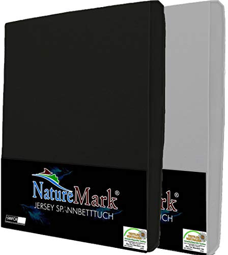 NatureMark 2er Pack Jersey Spannbettlaken, Spannbetttuch 100% Baumwolle in vielen Größen und Farben MARKENQUALITÄT ÖKOTEX Standard 100 | 120x200 cm - Schwarz/Silber