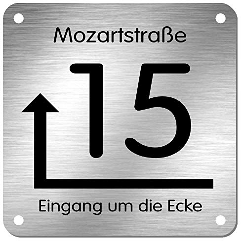 Edelstahl Hausnummer Namensschild Hinweisschild mit Pfeil und individueller Laser-Gravur * Modell 15 (200 mm x 200 mm)