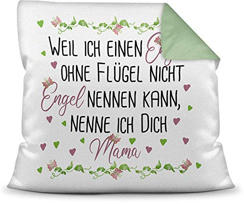 Kissen mit Spruch für Mama - Engel ohne Flügel - inkl. Kissenfüllung - Deko-Kissen/Geschenk-Idee Geburtstag Muttertag/Bestes Farbkissen Rückseite Seegrün