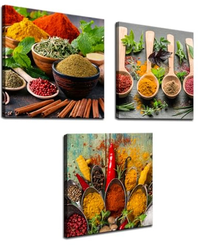 Biuteawal 3-teiliges Set mit Gewürz- und Löffel-Wandkunst, Gemälde, Küchenbilder, Wanddekoration, Kräuter, Essen, der Druck auf Leinwand für Zuhause, Esszimmer, Dekoration, fertig zum Aufhängen