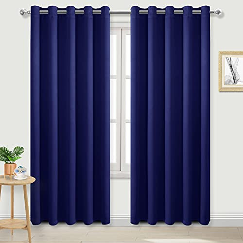 DWCN Blackout Curtains for Bedroom - Thermal Insulated Light Blocking Eyelet Window Curtains for Living Room 66 x 90 inch Length, Navy Blue, 2 Panels
