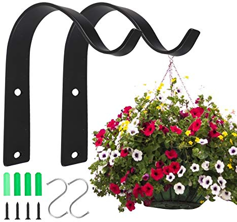 Heavyduty Wall Hanging Basket Brackets, 2 Pcs Outdoor Iron Black Arc bracket hook for Hanging Planter Lantern Bird Feeder(with S Hooks and Screws)