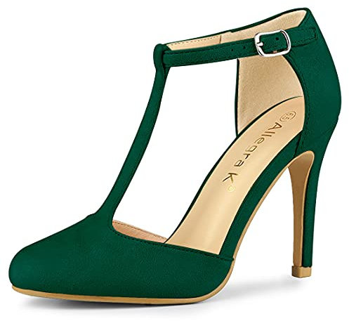 Allegra K Women Rounded Toe Stiletto Heel T-Strap Dress Pumps Green 7 UK/Label Size 9 US