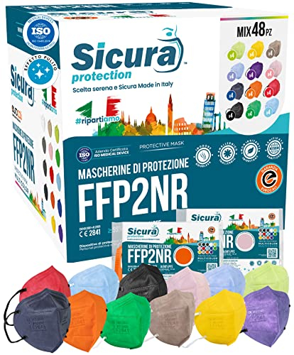 48 Mascherine FFP2 certificate CE colorate Made in Italy BFE ≥99% Mix 12 Colori Blu, Arancioni, Rosse, Nere, Azzurre, Verdi, Verdi Mela, Gialle, Tortora, Viola, Rosa, Lavanda