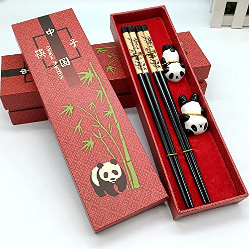 ASDNN Palillos De Madera Fina Y Soporte para Palillos, Caja De Regalo De Bambú Tradicional De 2 Piezas De Panda, Soporte De Panda De Cerámica para Palillos Naturales, Accesorios De Restaurante