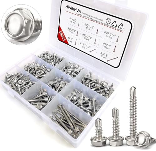 Assortiment de vis auto-taraudeuses TEK en acier inoxydable 410, 380 pièces #8#10#12, vis auto-foreuses à tête hexagonale pour métal, longueur 1,27 cm à 5,1 cm