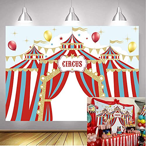 Karnevals-Hintergrund, Zirkus, roter Vorhang, Zelt, bunte Luftballons, Babyparty, Kindergeburtstag, Fotografie-Hintergrund