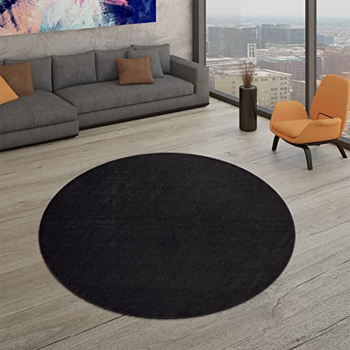 TT Home Wohnzimmer Teppich Kurzflor Unifarbendes Design Modern Und Zeitlos, Farbe: Grau Schwarz, Größe:200 cm Rund