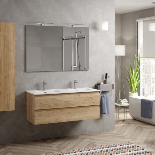 Mueble de Baño Suspendido 120cm con Lavabo Cerámico 2 Senos | Mueble Baño Colgado Pared con Lavabo Doble Seno de 2 Cajones con Cierre Amortiguado y Organizador (Roble Natural)