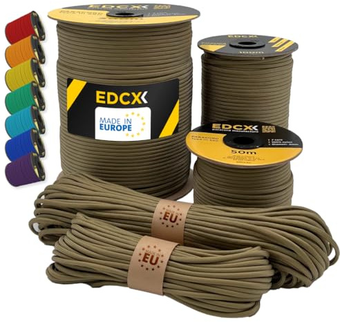 EdcX Paracord 550 4mm, 35+ Solid Colors (10m, 15m, 30m, 50m, 100m, 300m) | Boa, 300 m – 100% Nylon Rope 4mm, Type III 7 strand | Survival, Camping, Bushcraft, Crafts | Made in EU