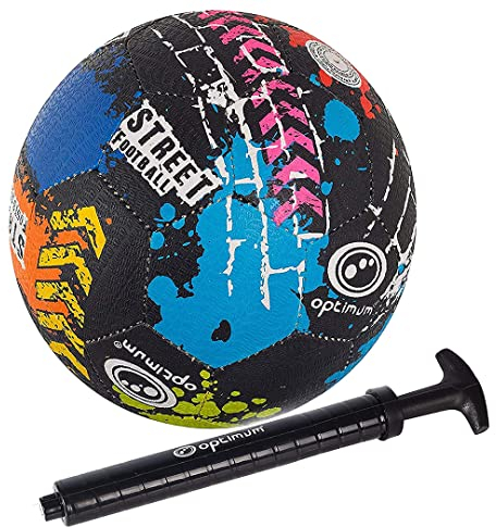 Optimum Unisex Street Football - Top-Grade Durable Korean Rubber, Long-Lasting Tire Grip, Ideal for Concrete & Asphalt, All-Weather, Multi-Colour,Size 5 With Pump