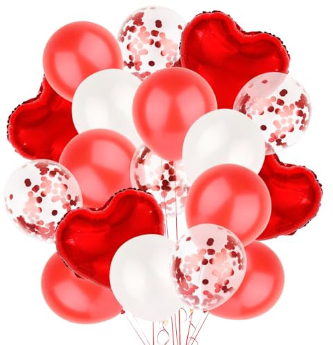COLOFALLA 30 Pcs Luftballons Herzen Rot Weiß Ballons Folienballons Herzluftballons Valentinstag Hochzeit Geburtstag Party Deko mit 3 Bänder