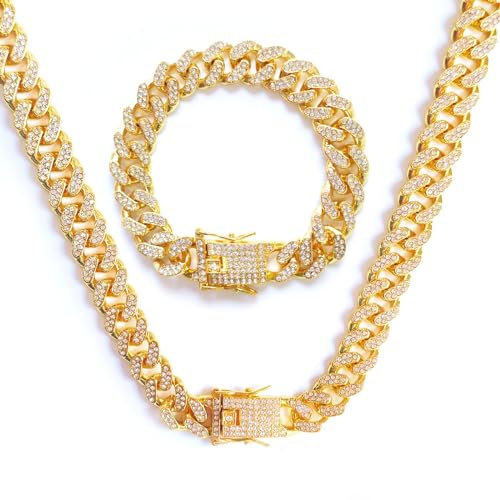12 MM Cuban Link Chain Iced Out für Männer, 50/55/60 Cm Herren Cuban Link Chain Gold Silber Miami Cuban Link Choker Halskette Armband, Unisex Hip Hop Schmuck Geschenk für den Vatertag (Gold, 50)