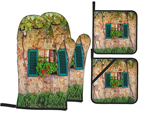 Lot de 4 gants de four et maniques, fenêtre en bois, porte de grange en bois de chêne, ferme, campagne, maison rurale, impression de village, tampons chauds résistants avec gants de barbecue antidérap