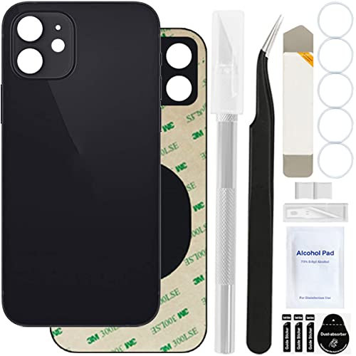 ZHUROUPU Rear Back Cover Glass (without Logo) Replacement Compatible with iPhone 12, Professional repair Tool kit, Pre-Installed Adhesive and Rubber Bands (6.1 inch/Black)