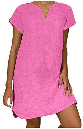 Susenstone Robe Ete Femme Cotton en Line Mi Longue Femmes T-Shirt Robe de Travail Chic et Elegant Décontractée Couleur Unie Manche Courte Jupe Femme Cotton en Line Chemise Maxi Robes De Soie Rose 5XL