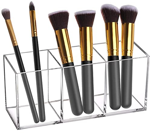 OWAYOTO Clear Acrylic Makeup Brush Organizer - 3 Slot Office Desk Stationery Tray