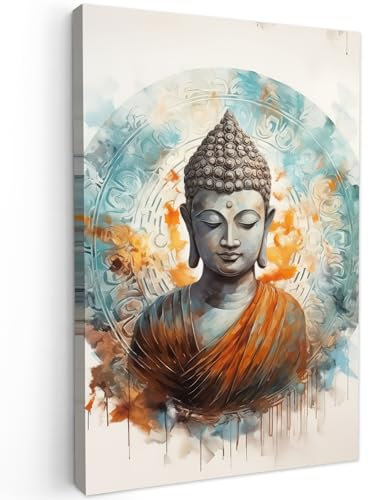 MuchoWow© Leinwand 40x60 cm Deko Schlafzimmer Aesthetic Leinwandbilder Wohnzimmer Gemälde Foto Geschenk Living Room Decoration Buddha - Statue - Weiß - Münze