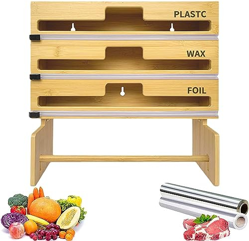 Cling Film Dispenser and Cutter Compatible with 12 Inch Rolls,Bamboo Parchment Paper Tin Foil Dispenser with Paper Towel Holder, Kitchen Wrap Organiser for Kitchen Cabinet Drawer Wall