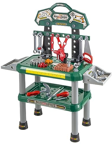 Baroni Toys Banco de Trabajo Infantil de Juguete con 74 Accesorios, Encimera de Carpintero Infantil, Kit de Juego Mecánico Multifunción, Mesa con Plataforma de Juego 3 4 5 6 7 Años, 73x26x82 cm